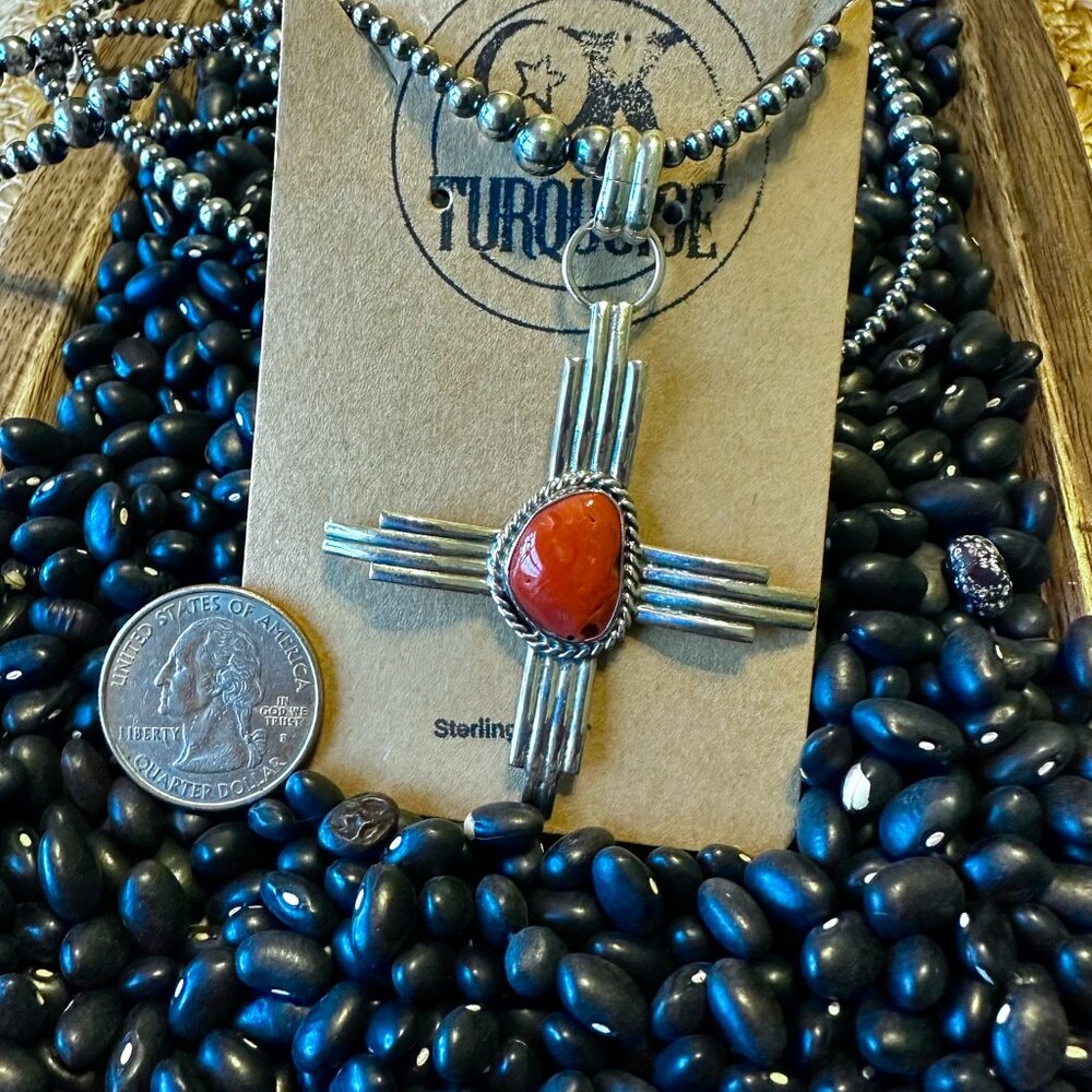 Stamped Sterling Silver and Mediterranean Coral Zia Pendant